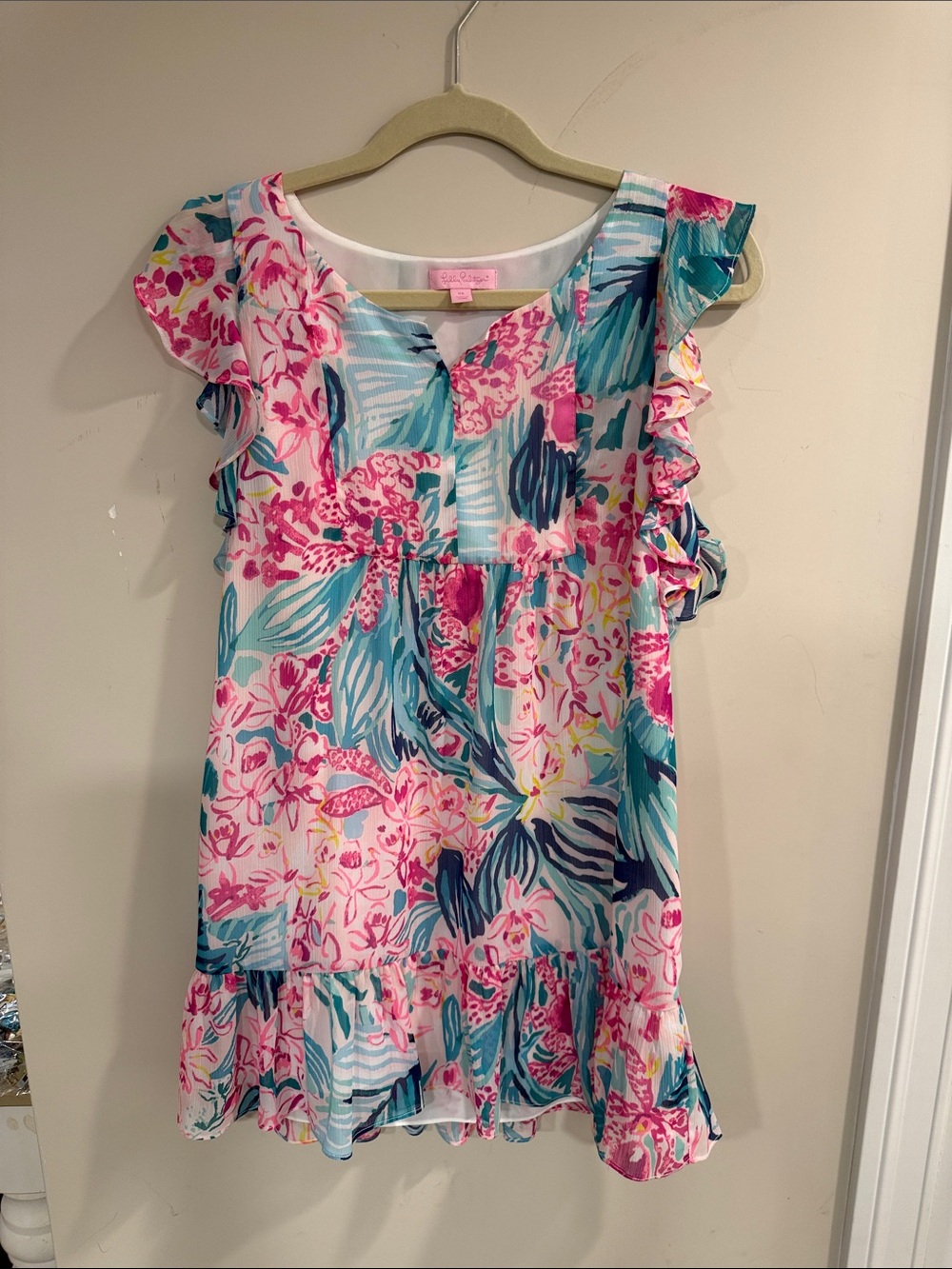 Lilly Pulitzer Pink & Teal Floral Ruffle Dress